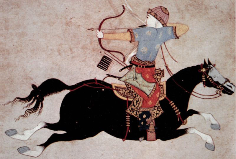 نقاشی یک سرباز مغولی در دوران چنگیز خان با هدف نمایش مهارت‌های جنگی مغولان