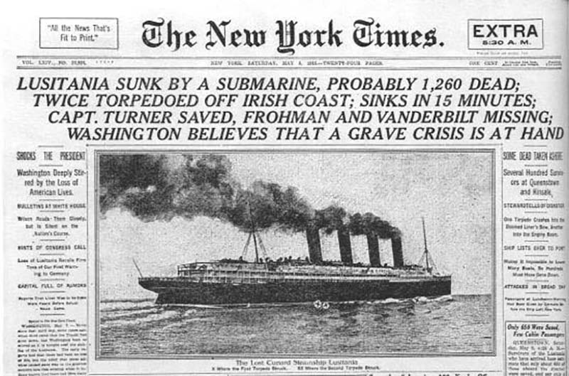چاپ خبر کشتی که در ۷ می ۱۹۱۵ توسط نیویورک تایمز
